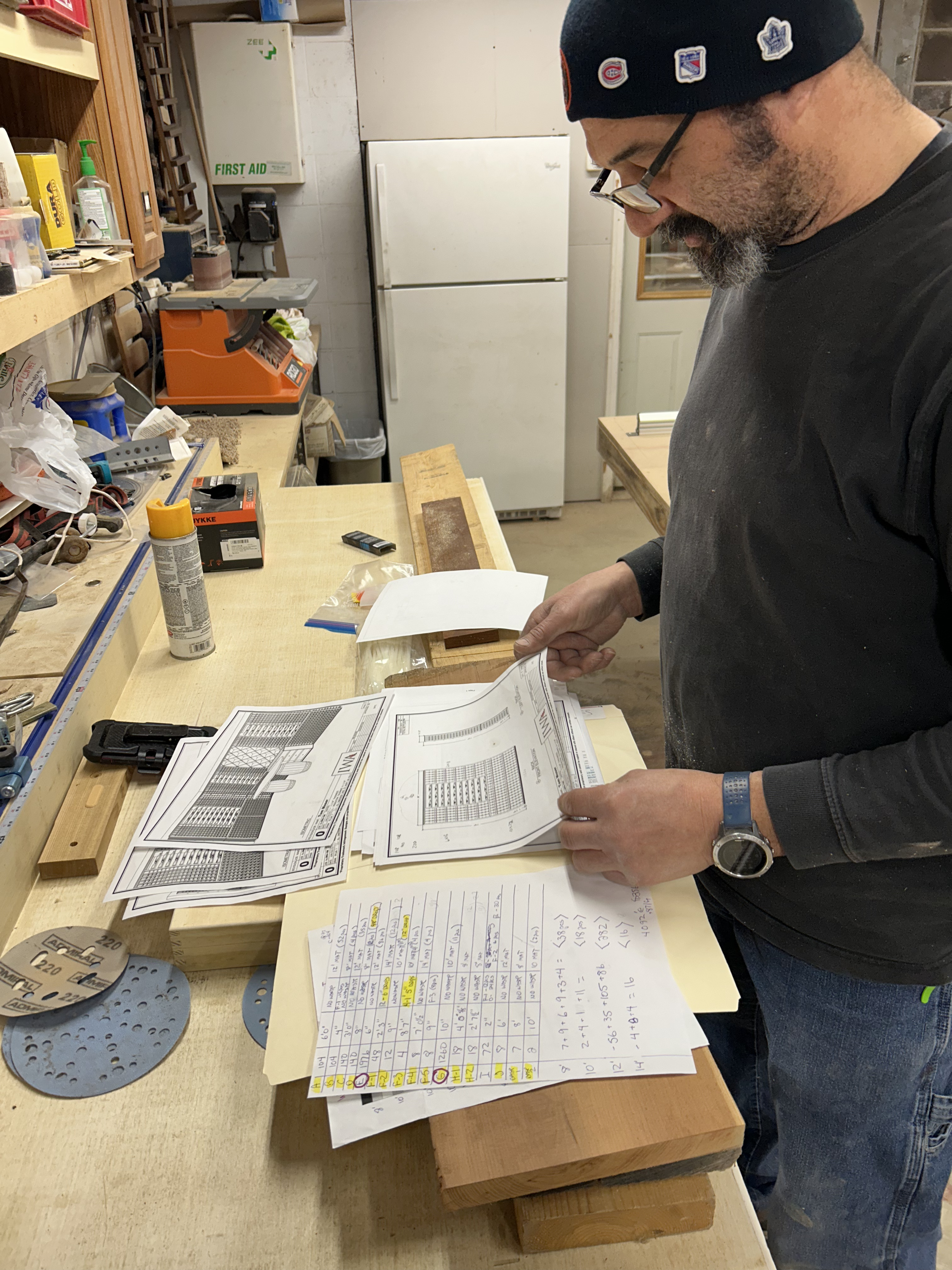 Reviewing blueprint plans in workshop